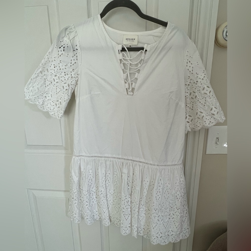 SEZANE White Eyelet Mini Dress Size 36
